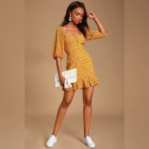 Lulus Trixiebelle Mustard Yellow Floral Print Ballon Sleeve Ruffle Dress Size S - Picture 16 of 16